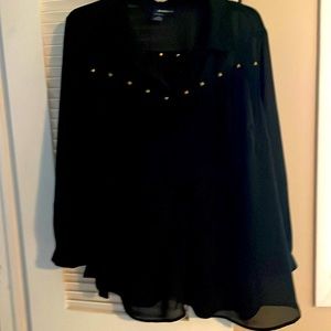 NWOT- black sheer fringed shirt